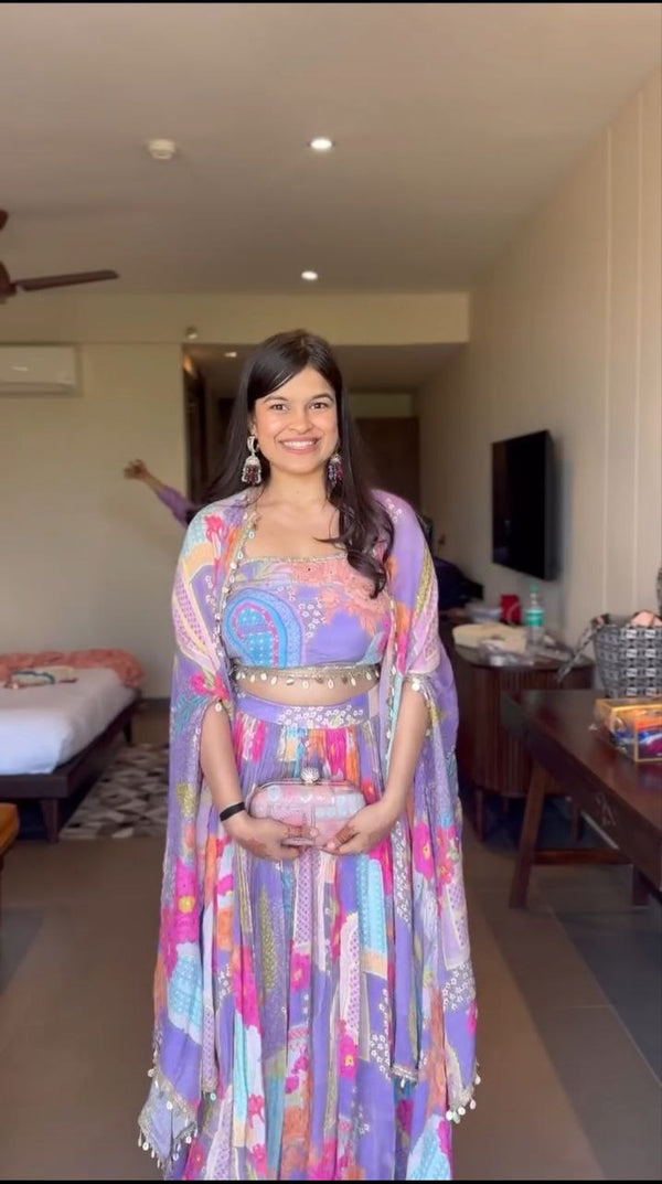 Glimmering Floral Print  Multi Color Designer Lehenga Choli With Koti Style Dupatta