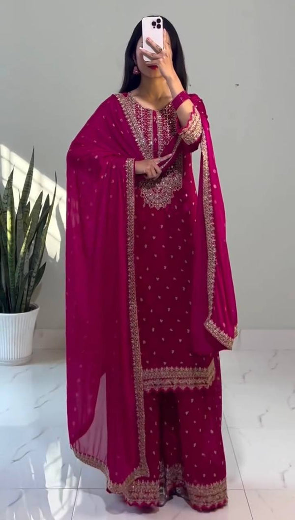 Flattering Chinon Silk Sequence Work Pink Color Sharara Suit