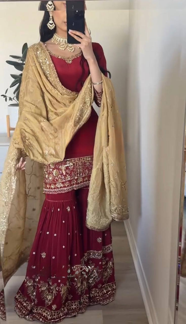 Exclusive Embroidery Sequence Work Maroon Color Sharara Suit