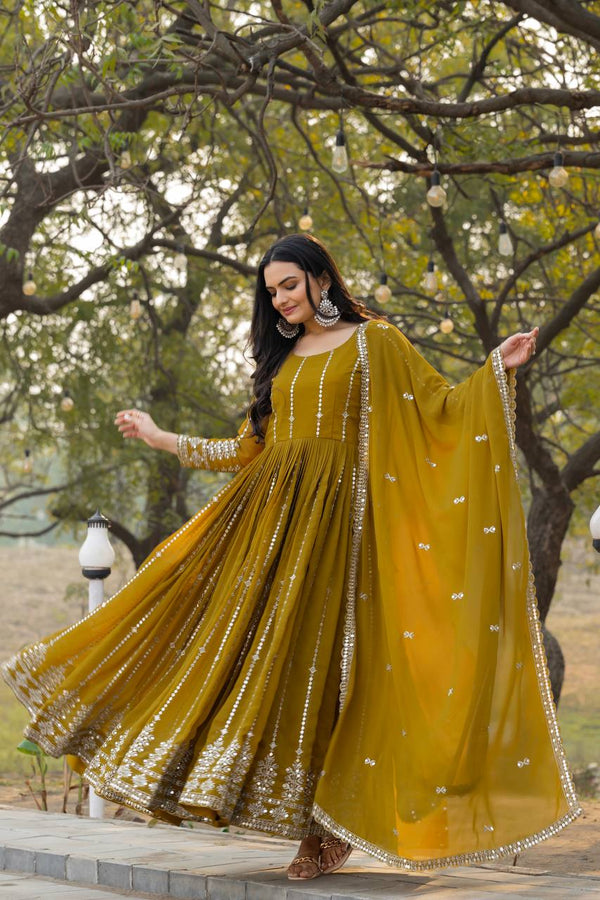 Eyes Catching Georgette Embroidery Work Mustard Color Gown