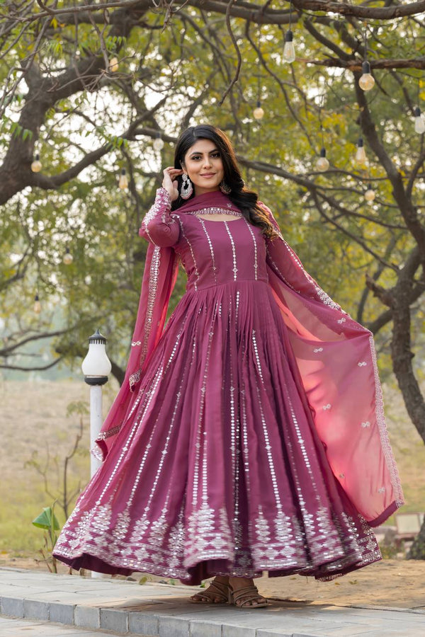 Eyes Catching Georgette Embroidery Work Onion Color Gown