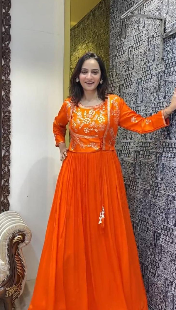 Wonderful Chinon Sequence Work Orange Color Gown