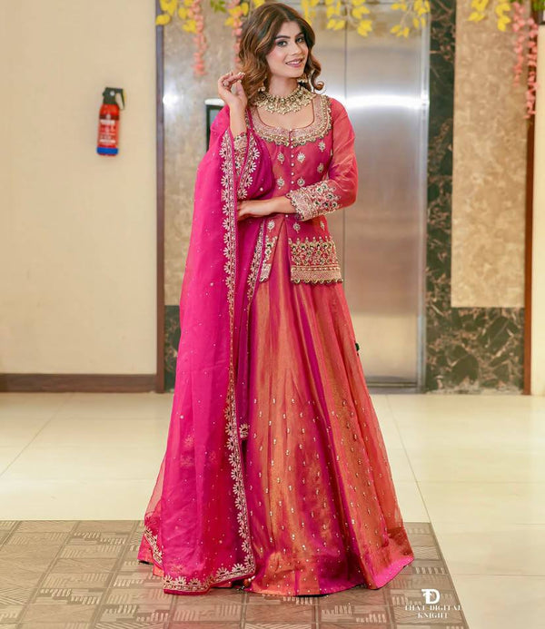 Simmer Silk Wedding Wear Pink Color Top With Lehenga