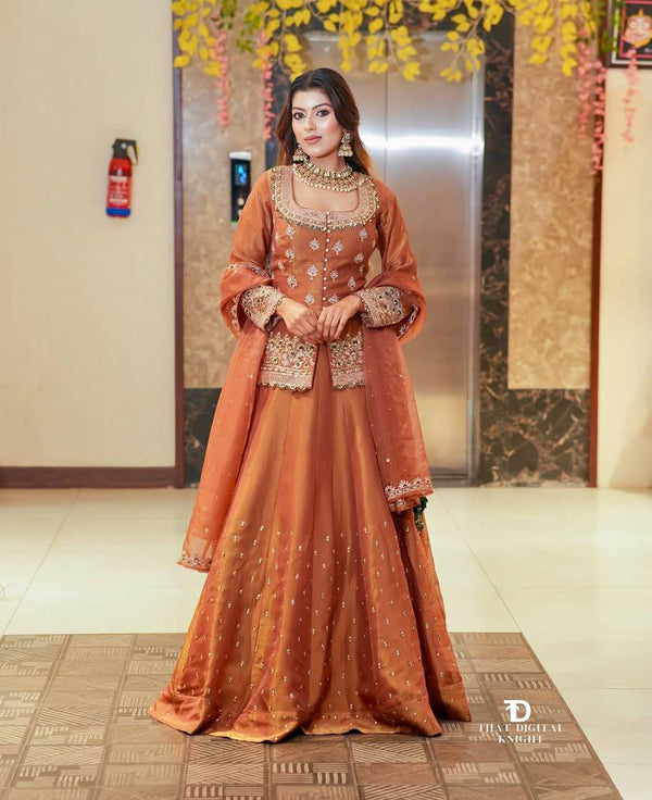 Simmer Silk Wedding Wear Orange Color Top With Lehenga