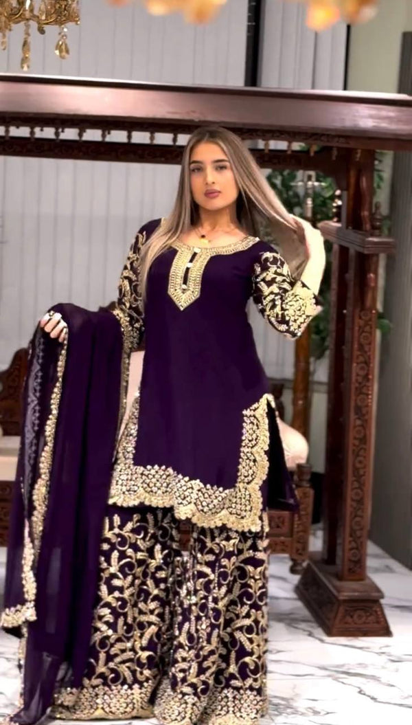 Pattern Wedding & Party Wear Sequence Work Purple Color Top Sharara With Dupatta Set