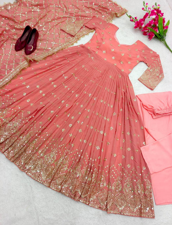 Demanding  Sequence Embroidery Work Peach Color Gown With Dupatta