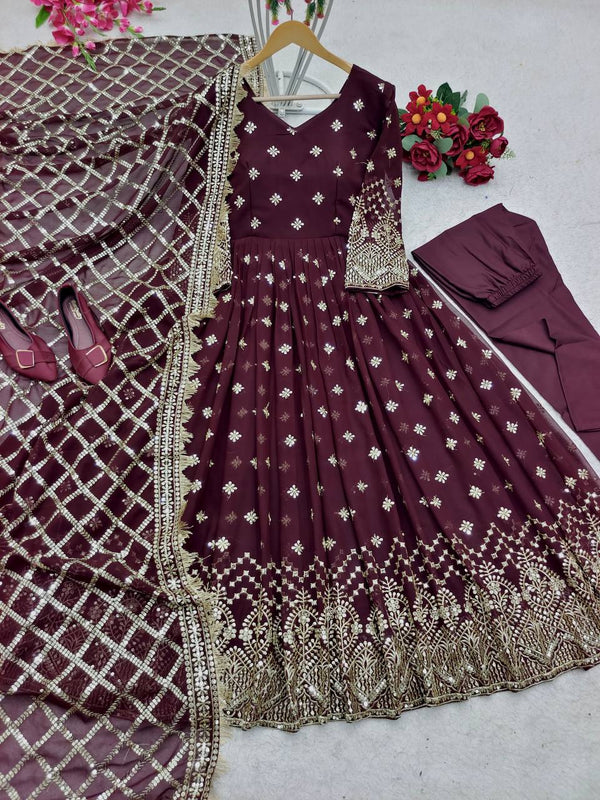 Demanding  Sequence Embroidery Work Purple Color Gown With Dupatta