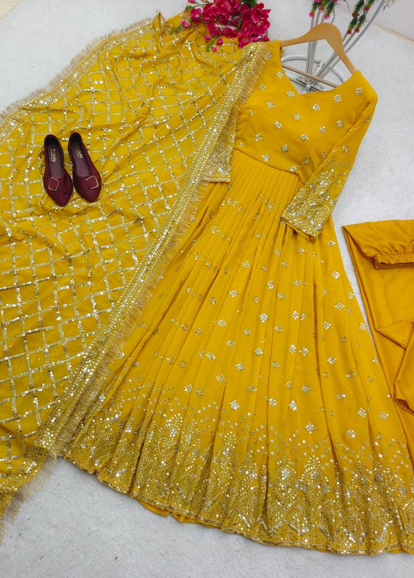 Demanding  Sequence Embroidery Work Yellow Color Gown With Dupatta