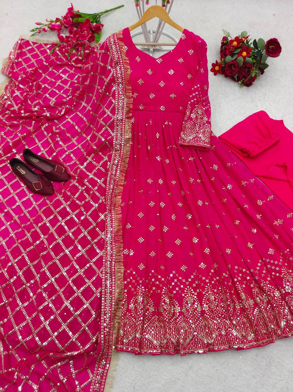 Demanding  Sequence Embroidery Work Pink Color Gown With Dupatta