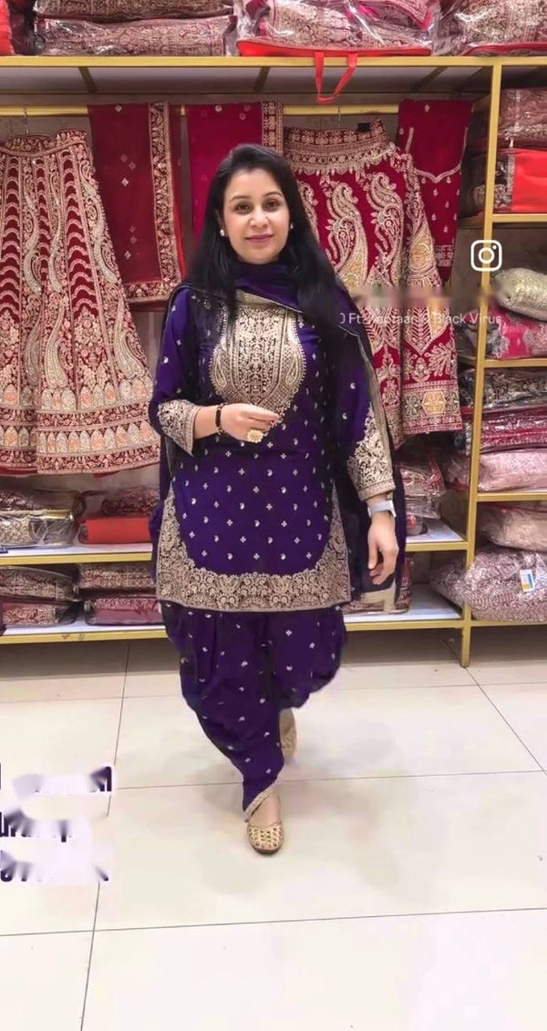 Delightful Embroidery Sequence Work Purple Color Top Dhoti With Dupatta Set