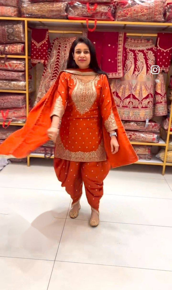 Delightful Embroidery Sequence Work Orange Color Top Dhoti With Dupatta Set