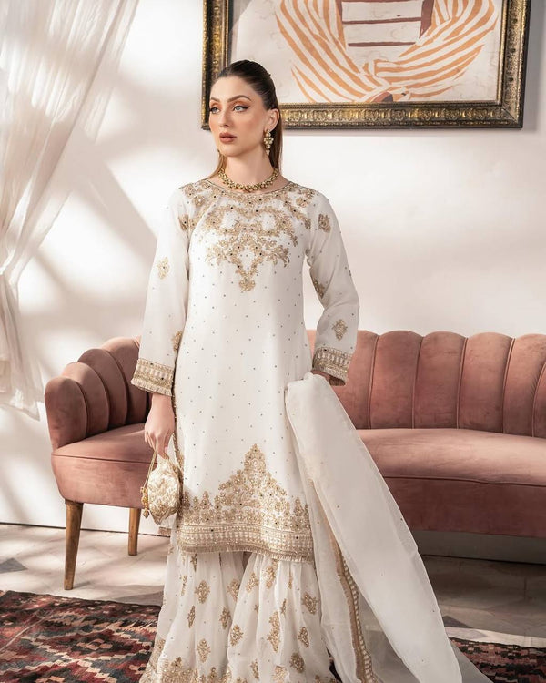 Luxuriant Georgette White Color Sharara Suit