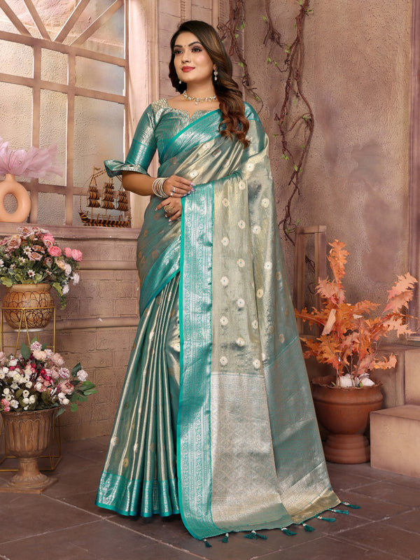 Pattern Wedding & Party Wear Tissue Silk Blue Color Saree