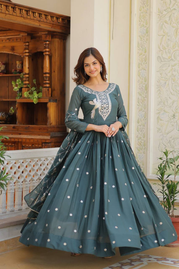 Look  Designer Sequence Embroidery Work Teal Green Color Long Gown With Dupatta