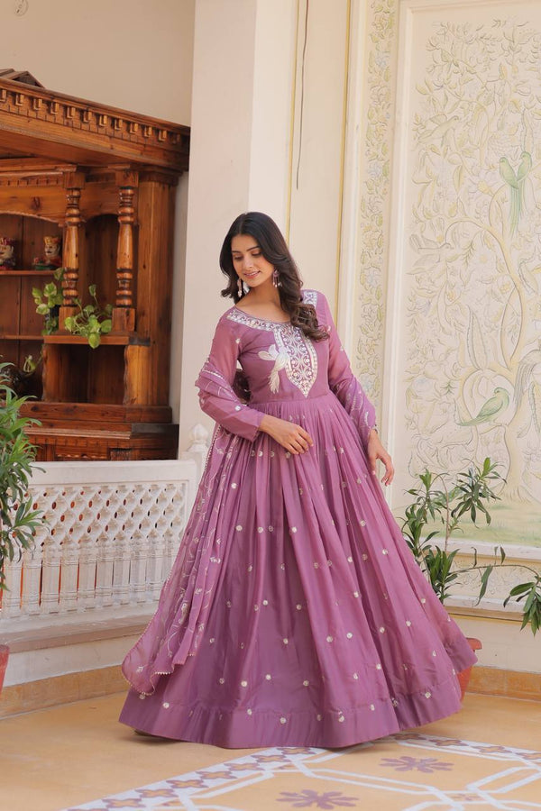 Look  Designer Sequence Embroidery Work Pink Color Long Gown With Dupatta