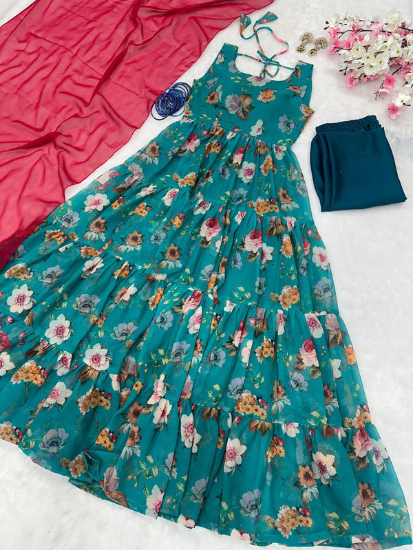 Captivating Flower Print Blue Color Anarkali Suit