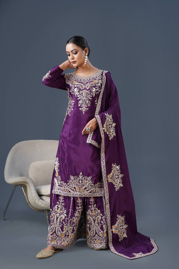 Mesmerizing  Embroidery And Sequence Work Purple Color Sharara Suit