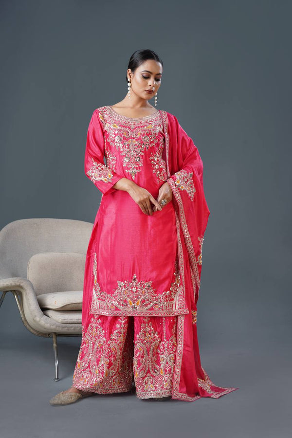 Mesmerizing  Embroidery And Sequence Work Pink Color Sharara Suit