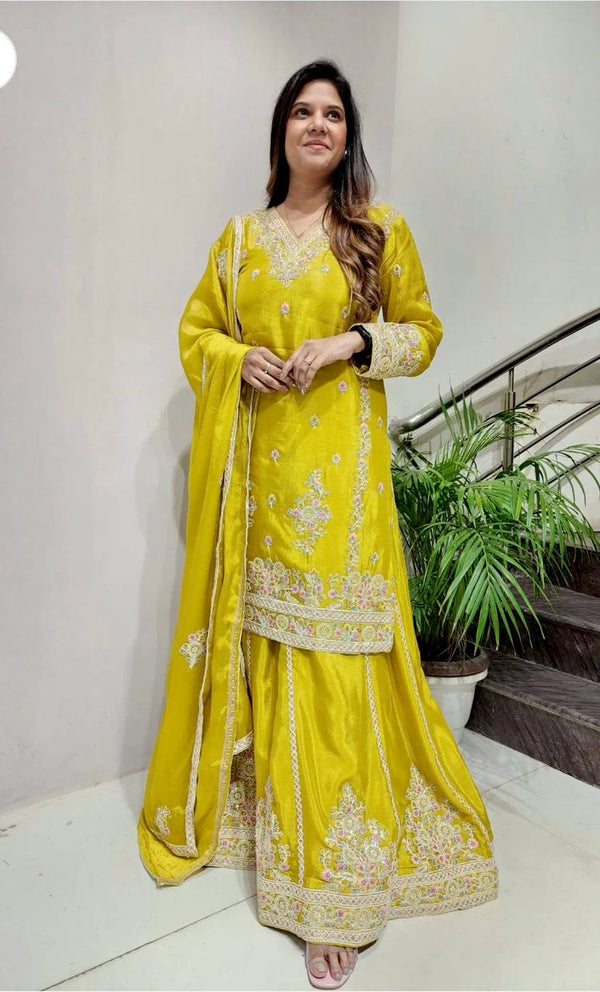 Demanding Embroidery 5mm Work Yellow Color Sharara Suit