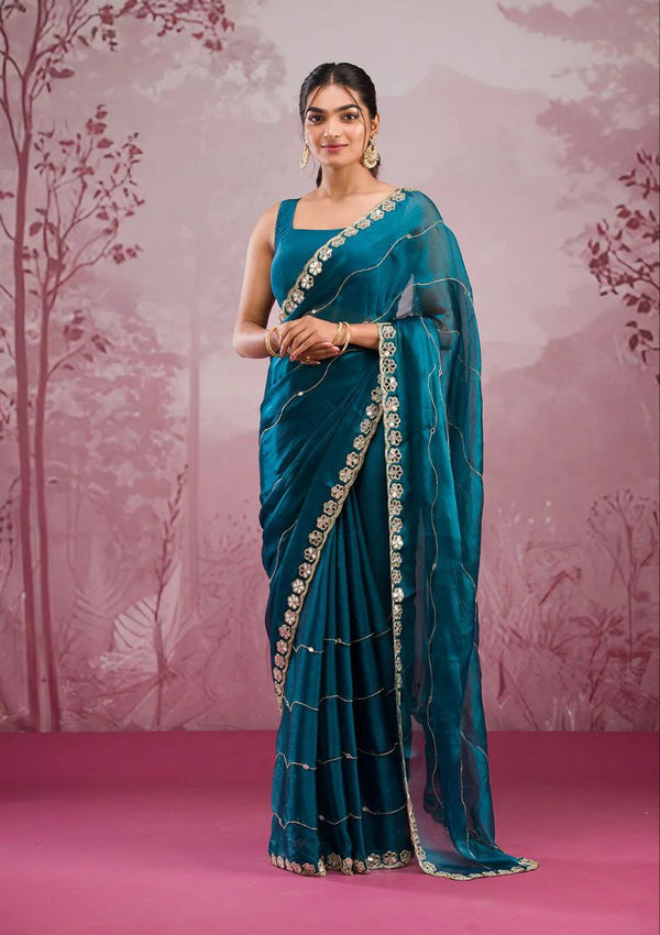 Good Looking Glitter Dori Work Blue Color Designer Saree