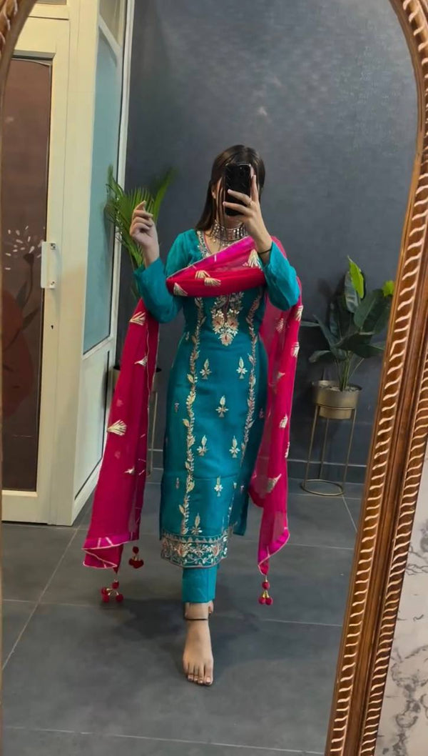 Good Looking Heavy Embroidery Sequence Work Teal Blue Color Salwar Suit