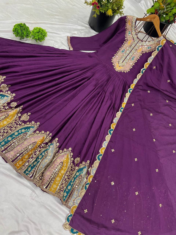 Classic Sequence Work Chinon Silk Purple Color Gown