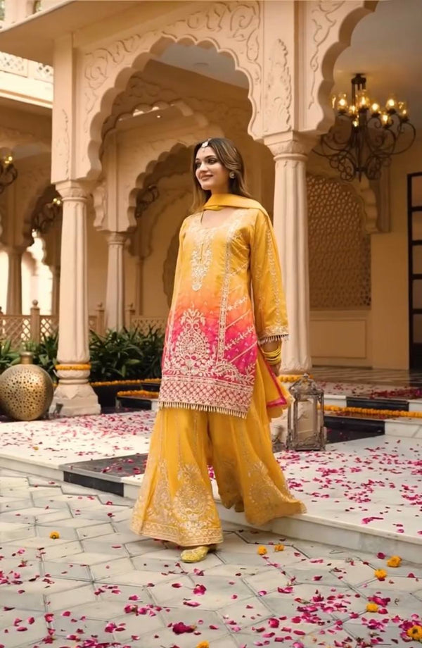Wonderful Coding Sequence Work Yellow Color Sharara Suit