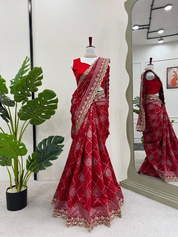 Ravishing Sequence Lace Work Red Color Designer Saree