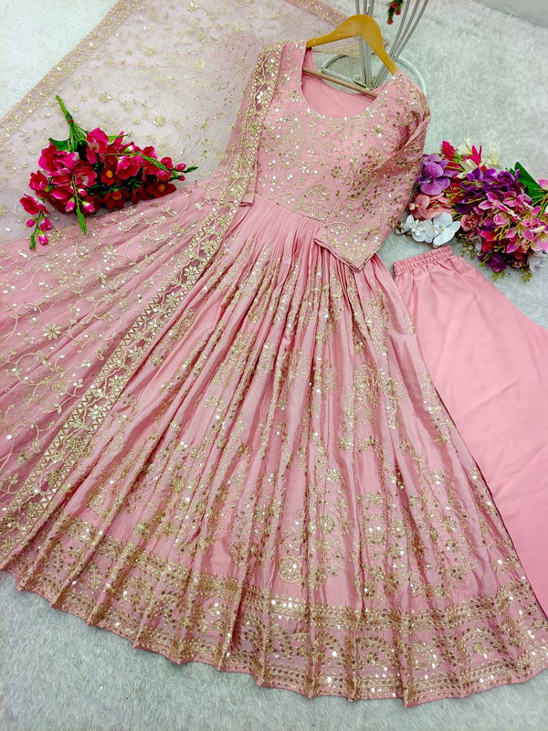 Heavy Sequence Work Light Pink Color Long Gown