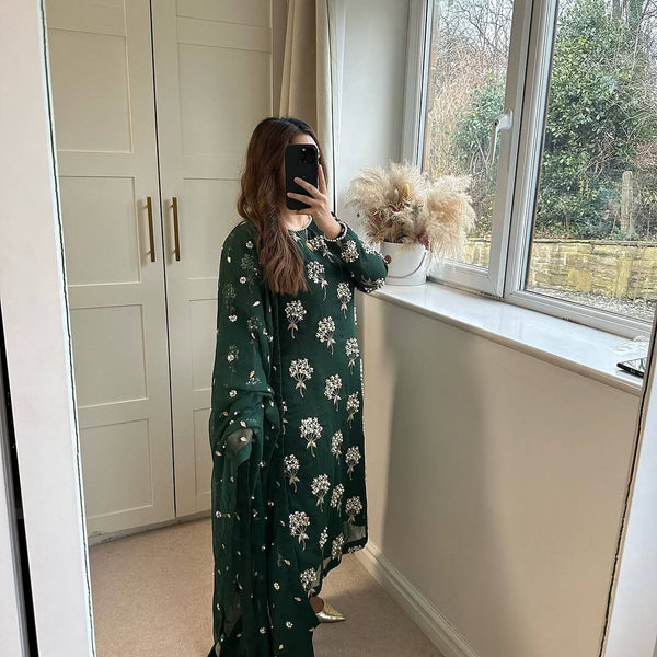 Charming Embroidery 5mm Sequence Work Green Color Sharara Suit