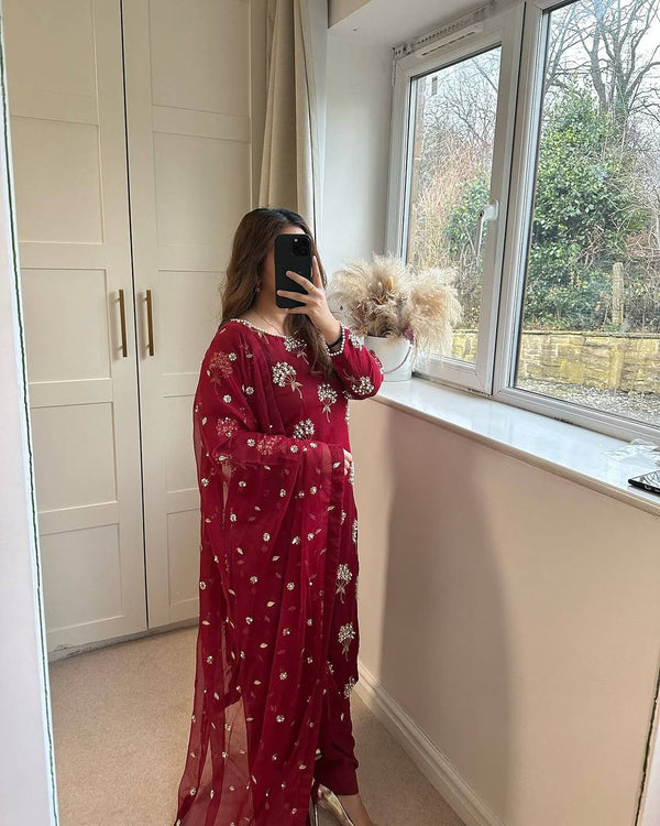 Charming Embroidery 5mm Sequence Work Red Color Sharara Suit