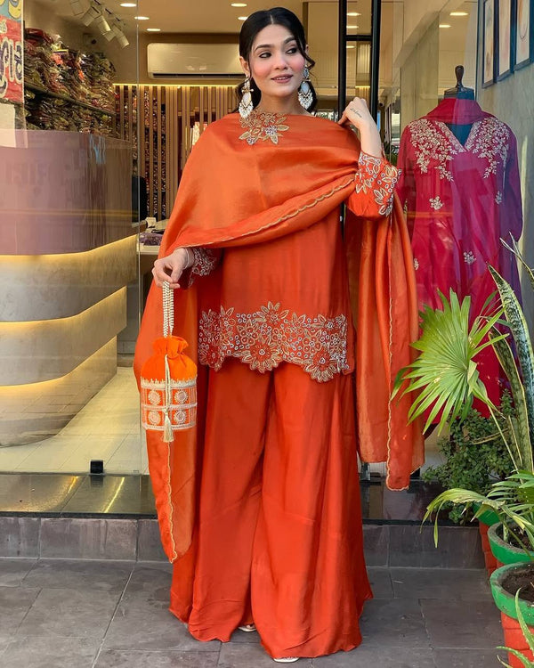 Fantastic Georgette Orange Color Sharara Suit