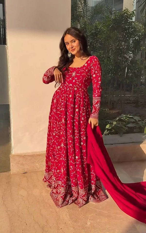 Charming Embroidered Work Pink Color Gown