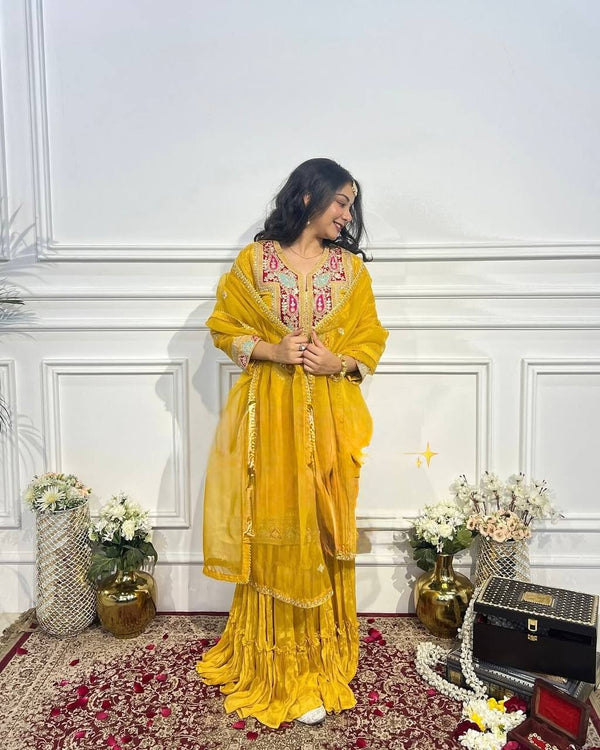 Fantastic Chinon Silk Yellow Color Sharara Suit