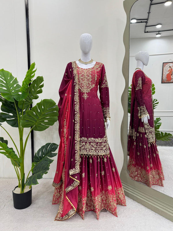 Glimmering Chinon Silk Double Shade Wine Color Sharara Suit