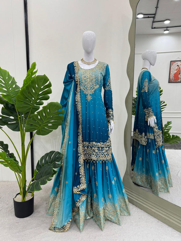 Glimmering Chinon Silk Double Shade Sky Blue Color Sharara Suit