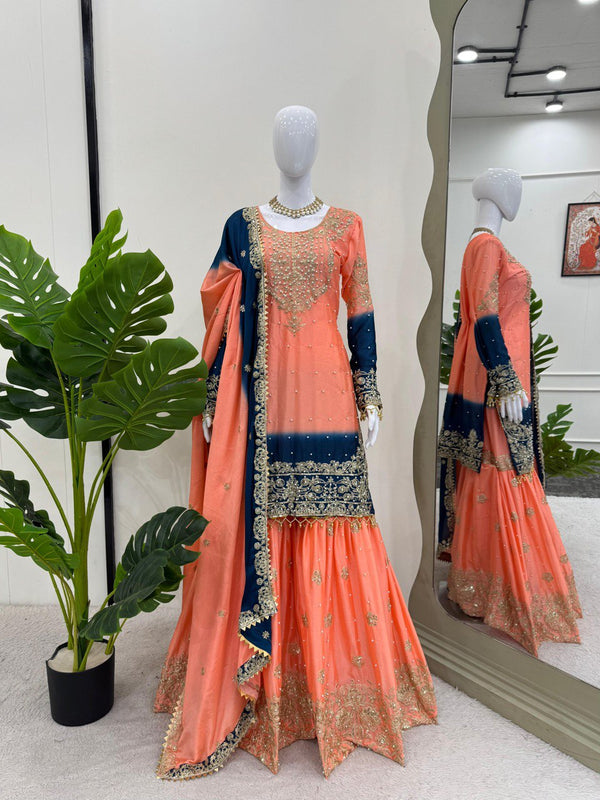 Glimmering Chinon Silk Double Shade Peach Color Sharara Suit