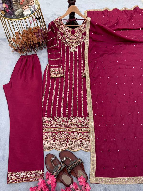 Designer Chinon Silk Pink Color Salwar Suit