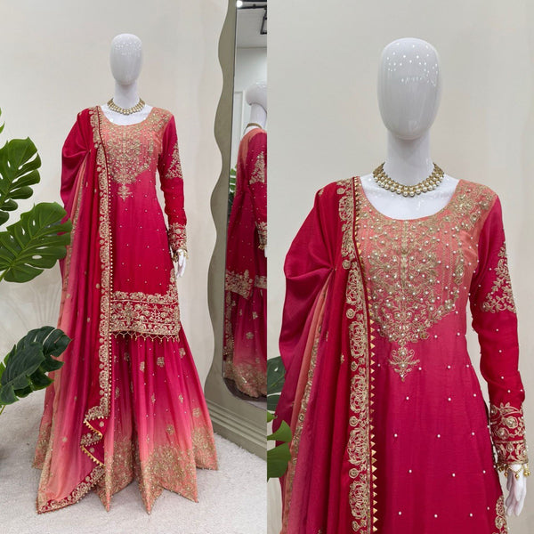Glimmering Chinon Silk Double Shade Pink Color Sharara Suit