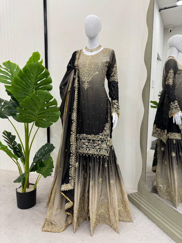 Glimmering Chinon Silk Double Shade Grey Color Sharara Suit