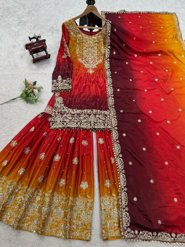 Glimmering Chinon Silk Double Shade Red Multi Color Sharara Suit
