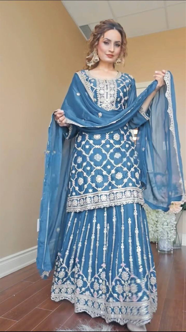 Glossy Chinnon Silk Teal Blue Color Sharara Suit
