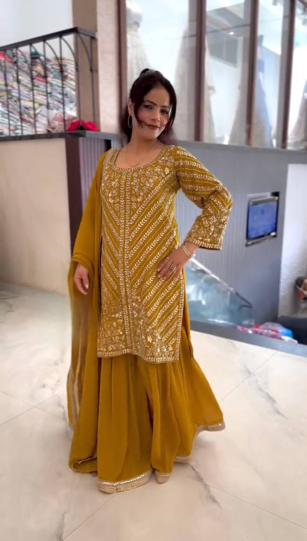 Haldi Wear Georgette Sequence Work Yellow Color Sharara Suit