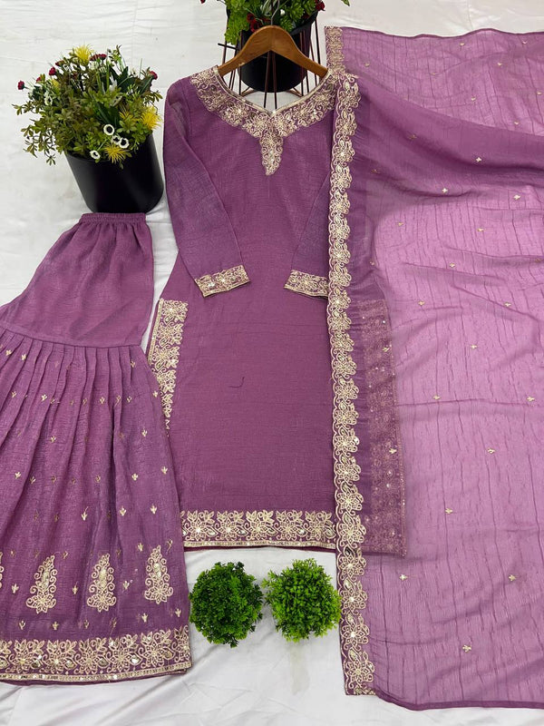Captivating Crunchy Silk Purple Color Sharara Suit