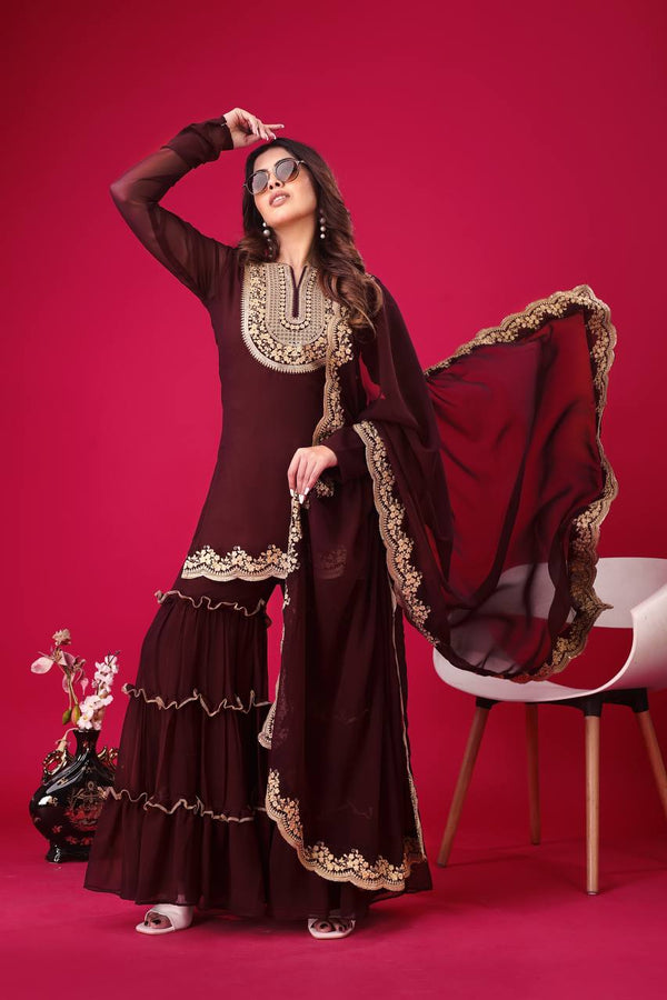 Traditional wear Embroidery Work Purple Color Sharara Suit