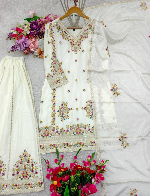 Demanding Embroidery 5mm Work White Color Sharara Suit