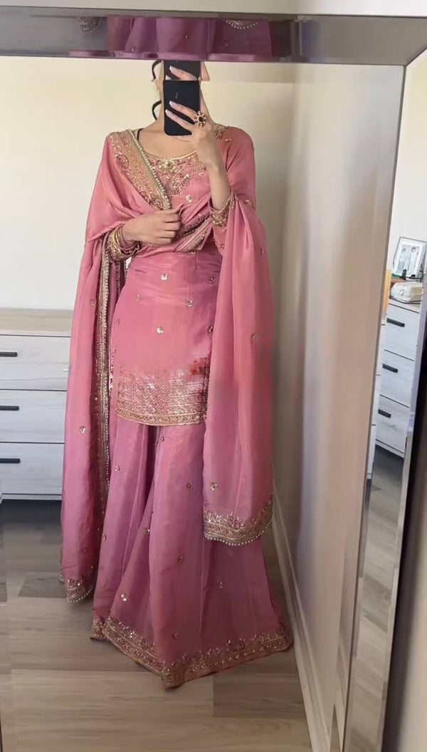 Shining  Heavy Work Pink Color Sharara Suit