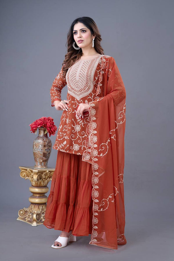Designer Embroidery Work Orange Color Sharara Suit
