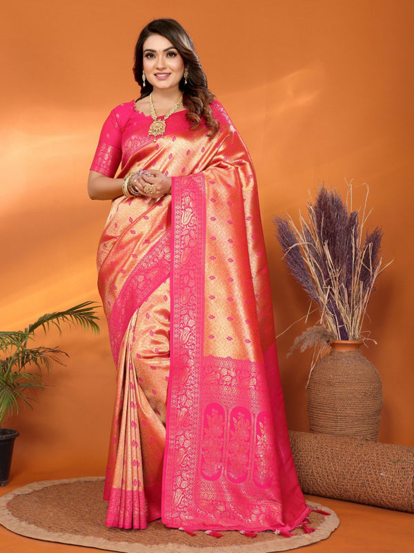 Delightful Tissue Silk Orange & Pink Color Saree