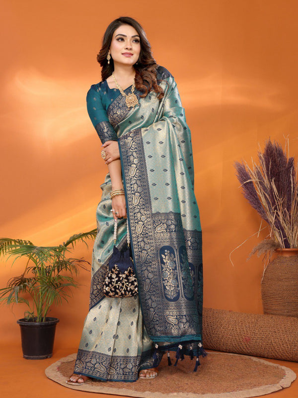 Delightful Tissue Silk Teal Blue Color Saree